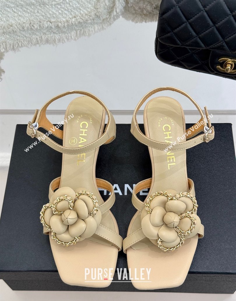 Chanel Lambskin Heel Sandals 5.cm with Camellia Bloom and Chain Beige 2025 CH030306 (MD-250303070)