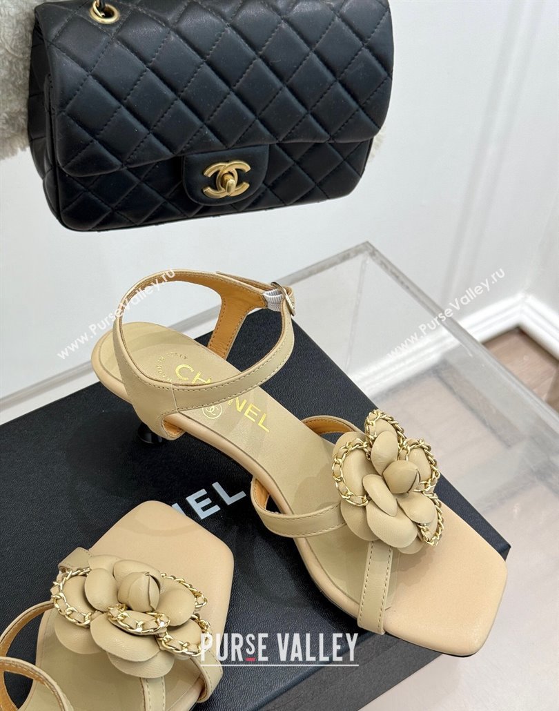 Chanel Lambskin Heel Sandals 5.cm with Camellia Bloom and Chain Beige 2025 CH030306 (MD-250303070)