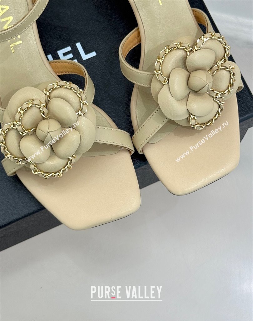 Chanel Lambskin Heel Sandals 5.cm with Camellia Bloom and Chain Beige 2025 CH030306 (MD-250303070)