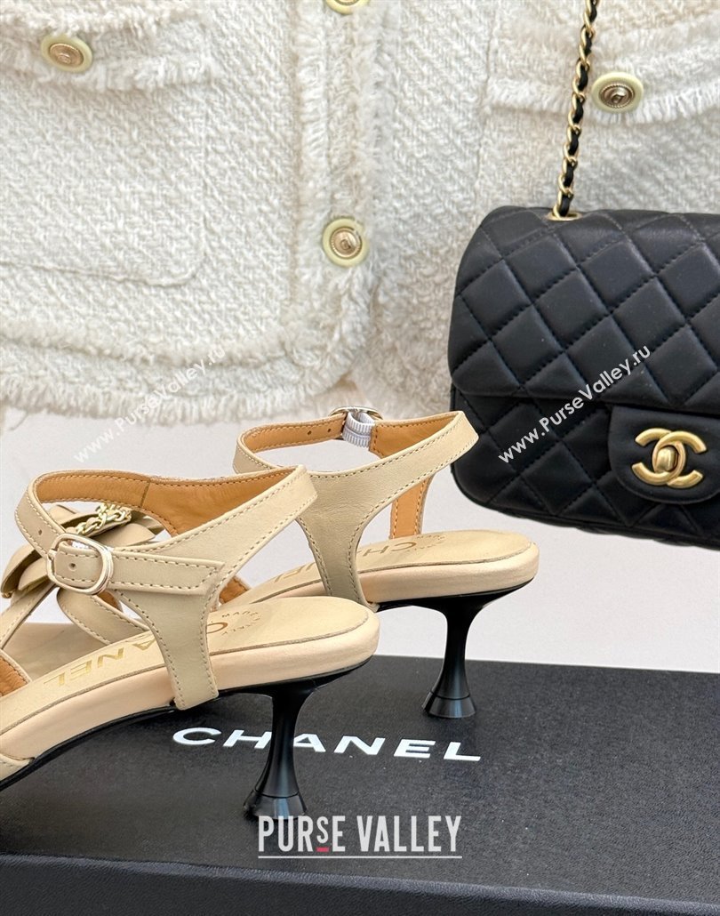 Chanel Lambskin Heel Sandals 5.cm with Camellia Bloom and Chain Beige 2025 CH030306 (MD-250303070)