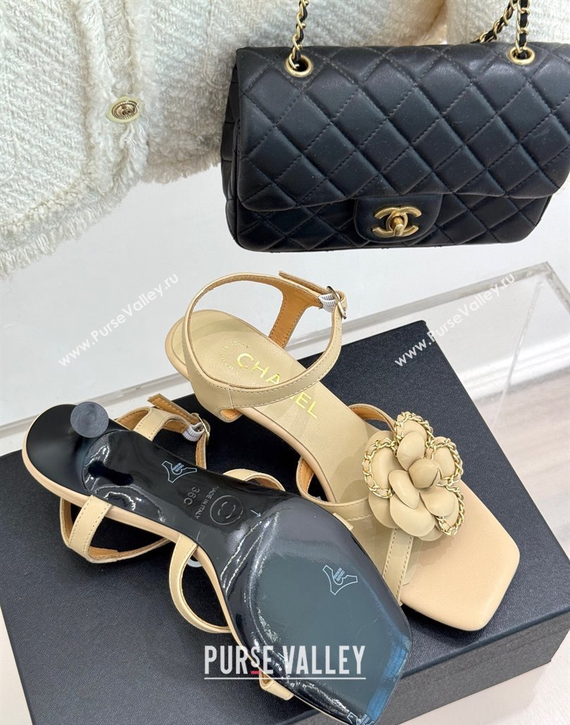 Chanel Lambskin Heel Sandals 5.cm with Camellia Bloom and Chain Beige 2025 CH030306 (MD-250303070)