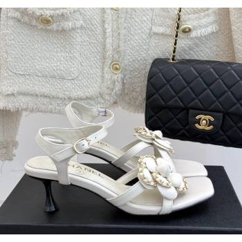 Chanel Lambskin Heel Sandals 5.cm with Camellia Bloom and Chain White 2025 CH030306 (MD-250303071)