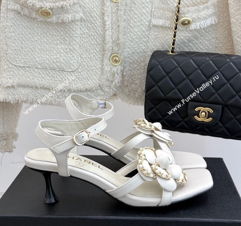 Chanel Lambskin Heel Sandals 5.cm with Camellia Bloom and Chain White 2025 CH030306 (MD-250303071)