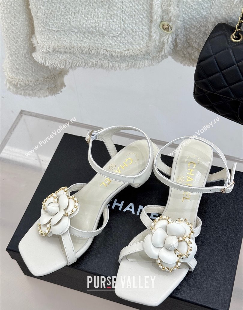 Chanel Lambskin Heel Sandals 5.cm with Camellia Bloom and Chain White 2025 CH030306 (MD-250303071)