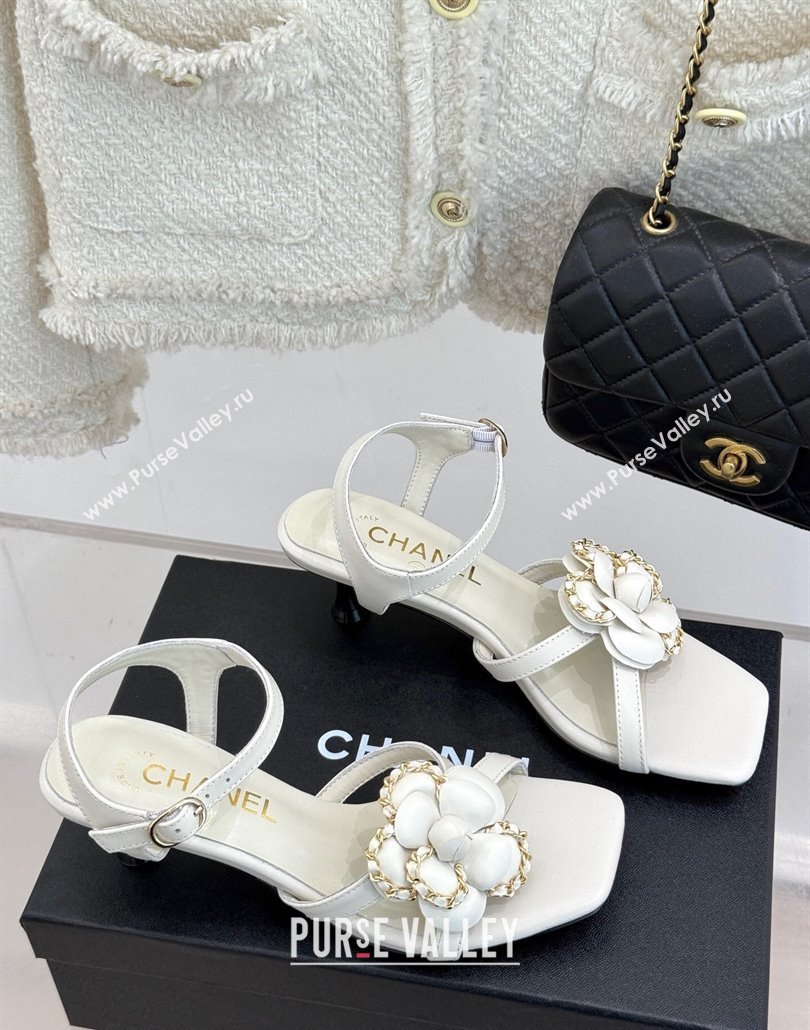 Chanel Lambskin Heel Sandals 5.cm with Camellia Bloom and Chain White 2025 CH030306 (MD-250303071)