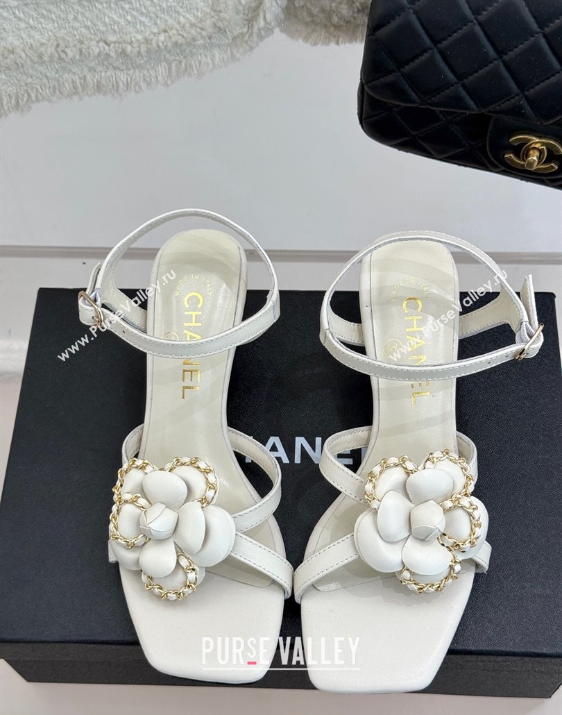 Chanel Lambskin Heel Sandals 5.cm with Camellia Bloom and Chain White 2025 CH030306 (MD-250303071)