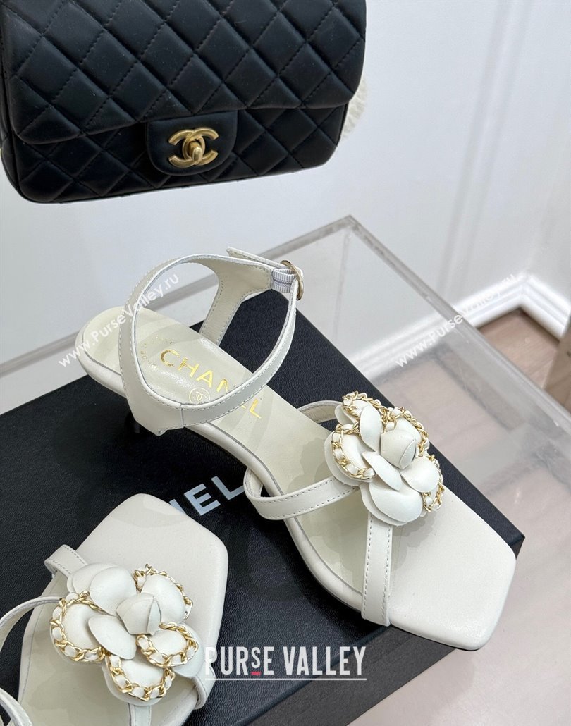 Chanel Lambskin Heel Sandals 5.cm with Camellia Bloom and Chain White 2025 CH030306 (MD-250303071)