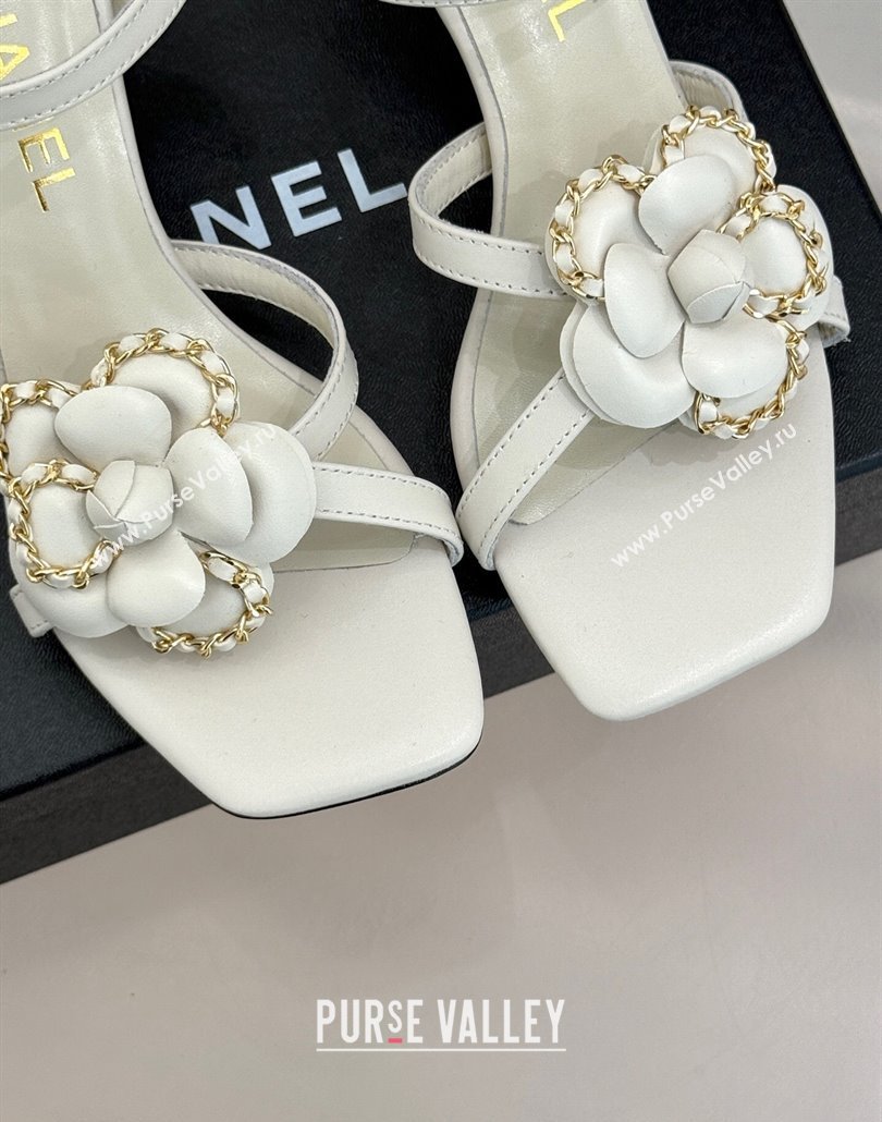 Chanel Lambskin Heel Sandals 5.cm with Camellia Bloom and Chain White 2025 CH030306 (MD-250303071)