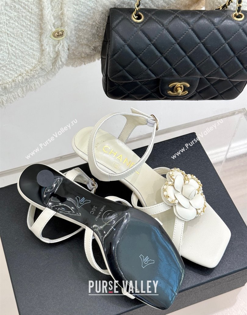 Chanel Lambskin Heel Sandals 5.cm with Camellia Bloom and Chain White 2025 CH030306 (MD-250303071)