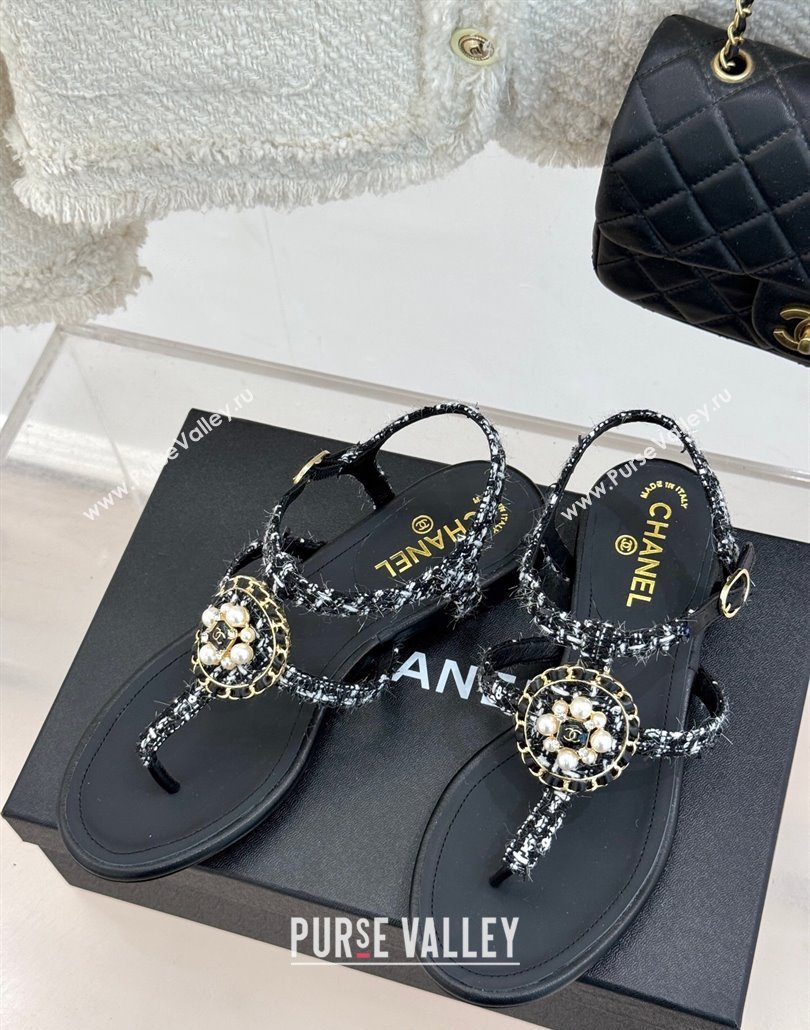 Chanel Tweed Flat Thong Sandals with Pearls Black 2025 CH030307 (MD-250303072)