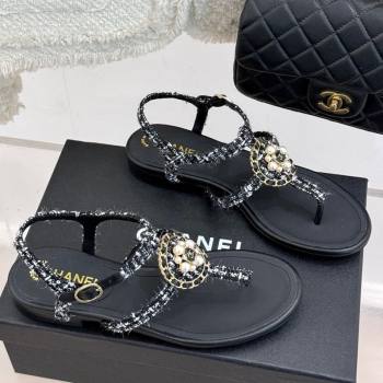 Chanel Tweed Flat Thong Sandals with Pearls Black 2025 CH030307 (MD-250303072)