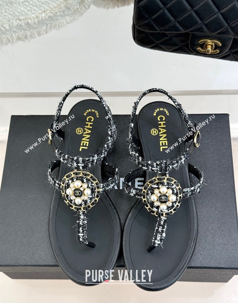 Chanel Tweed Flat Thong Sandals with Pearls Black 2025 CH030307 (MD-250303072)