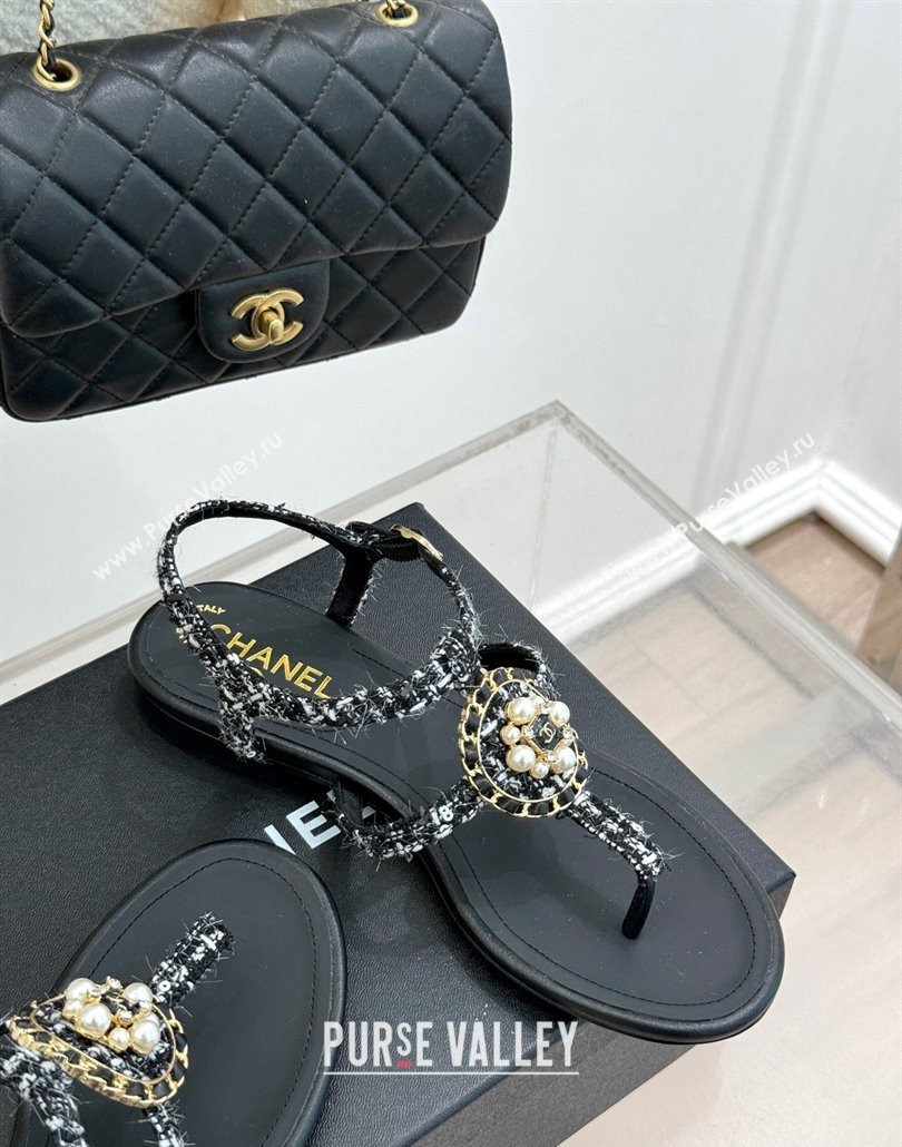 Chanel Tweed Flat Thong Sandals with Pearls Black 2025 CH030307 (MD-250303072)