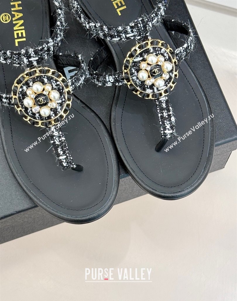 Chanel Tweed Flat Thong Sandals with Pearls Black 2025 CH030307 (MD-250303072)