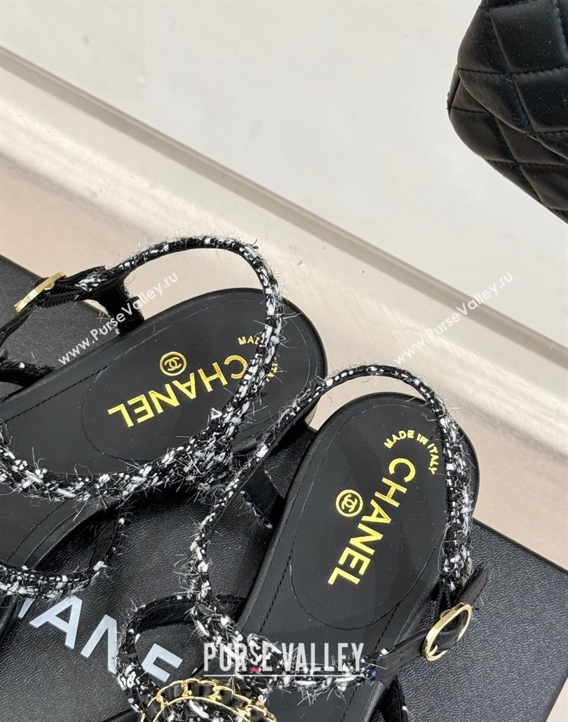 Chanel Tweed Flat Thong Sandals with Pearls Black 2025 CH030307 (MD-250303072)