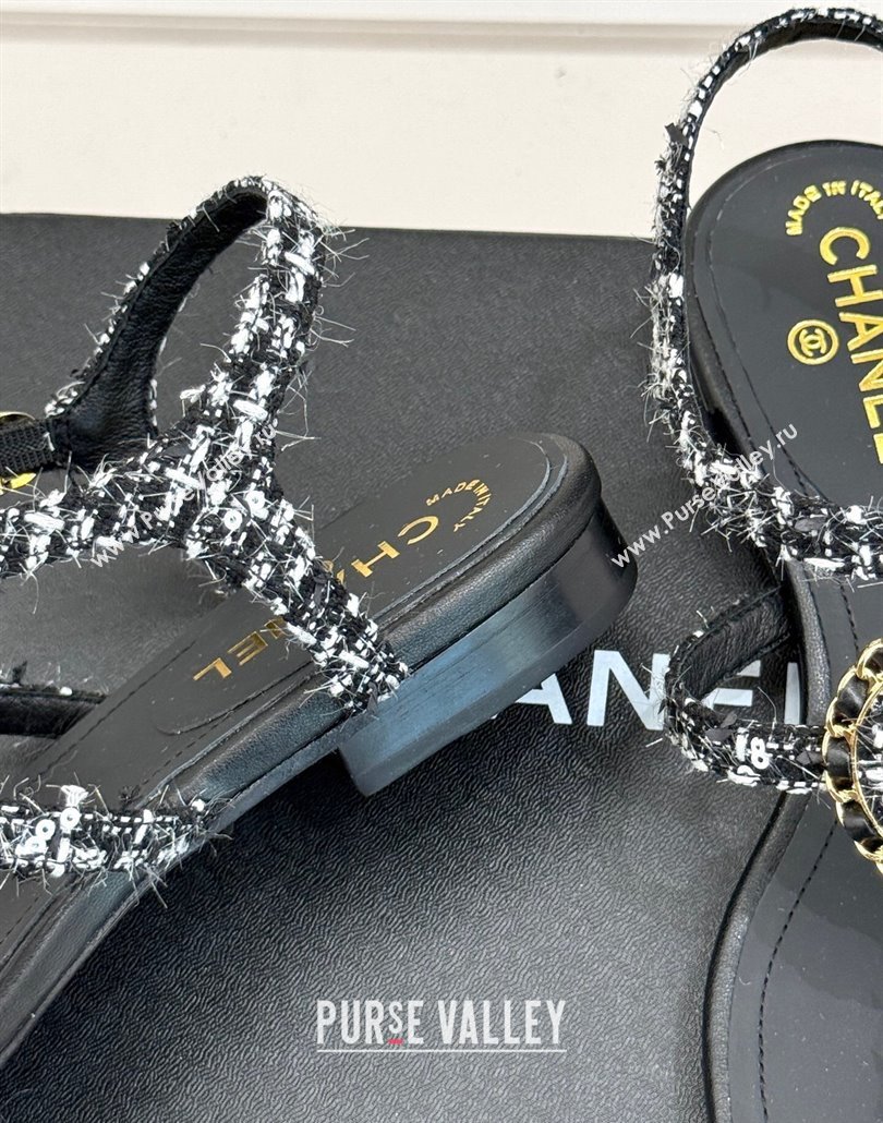 Chanel Tweed Flat Thong Sandals with Pearls Black 2025 CH030307 (MD-250303072)