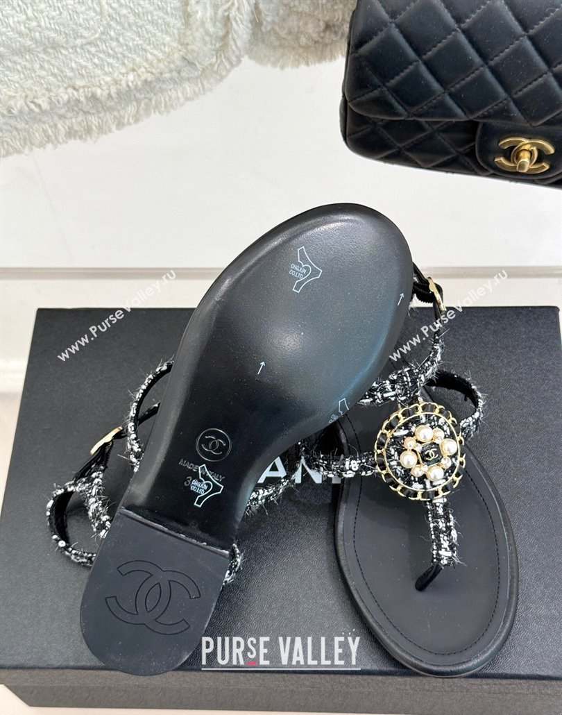 Chanel Tweed Flat Thong Sandals with Pearls Black 2025 CH030307 (MD-250303072)