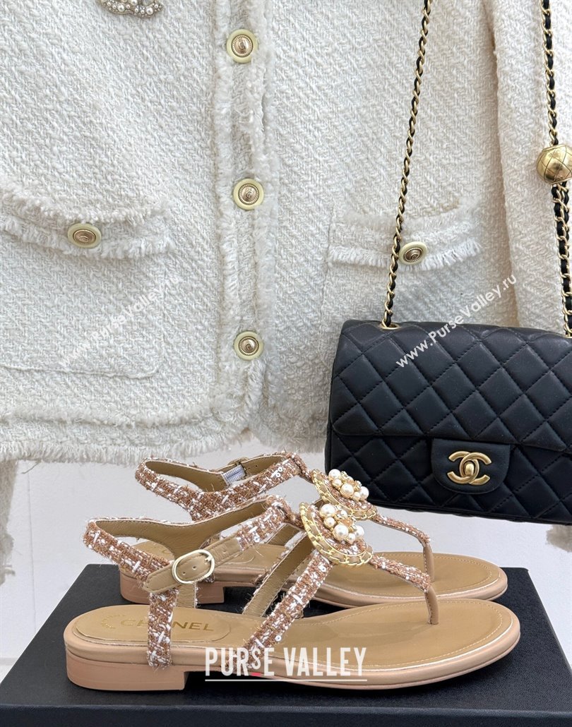 Chanel Tweed Flat Thong Sandals with Pearls Brown 2025 CH030307 (MD-250303073)