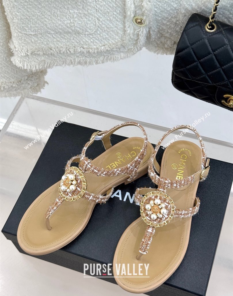 Chanel Tweed Flat Thong Sandals with Pearls Brown 2025 CH030307 (MD-250303073)