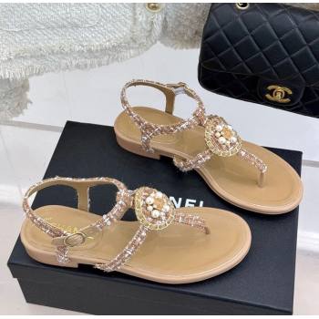 Chanel Tweed Flat Thong Sandals with Pearls Brown 2025 CH030307 (MD-250303073)