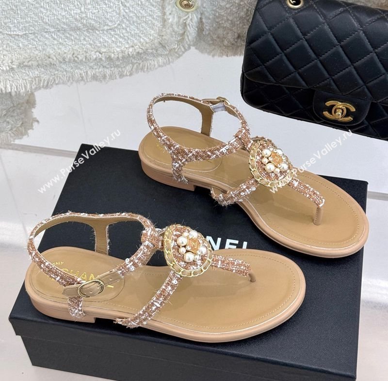 Chanel Tweed Flat Thong Sandals with Pearls Brown 2025 CH030307 (MD-250303073)