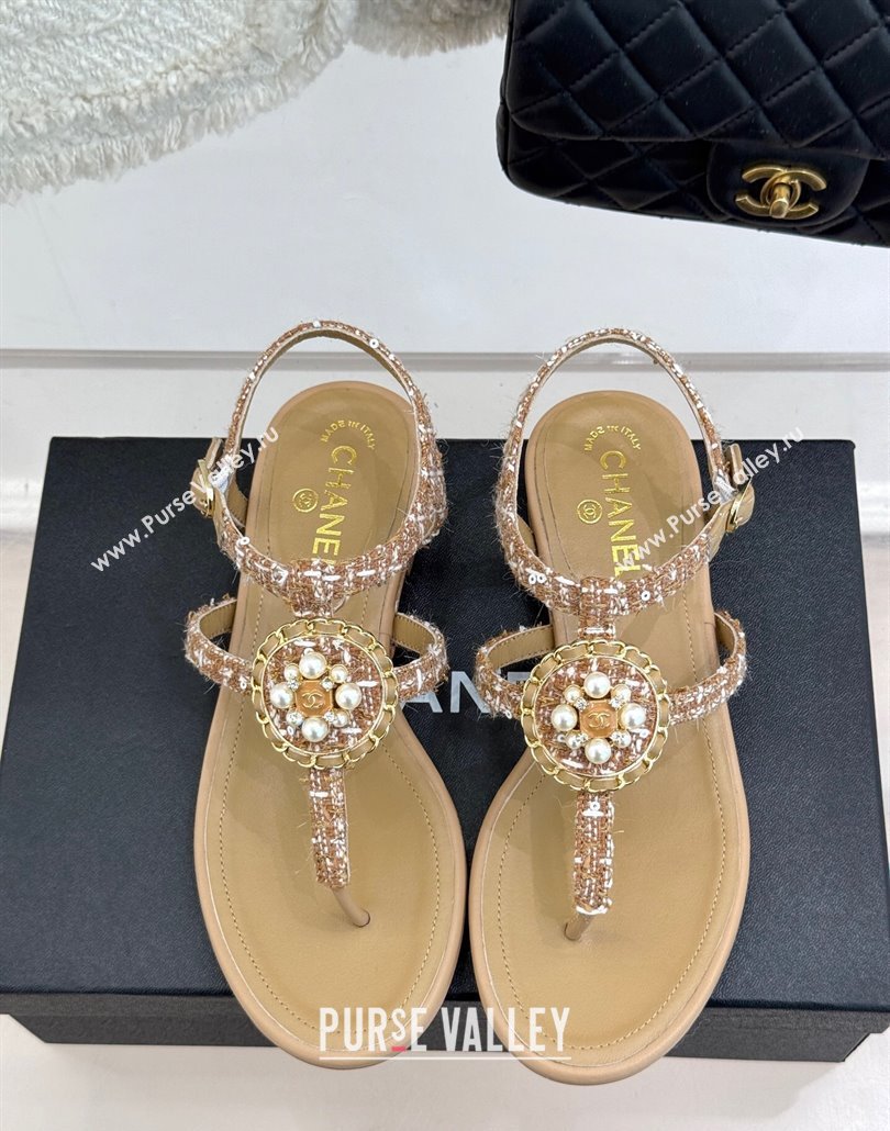 Chanel Tweed Flat Thong Sandals with Pearls Brown 2025 CH030307 (MD-250303073)