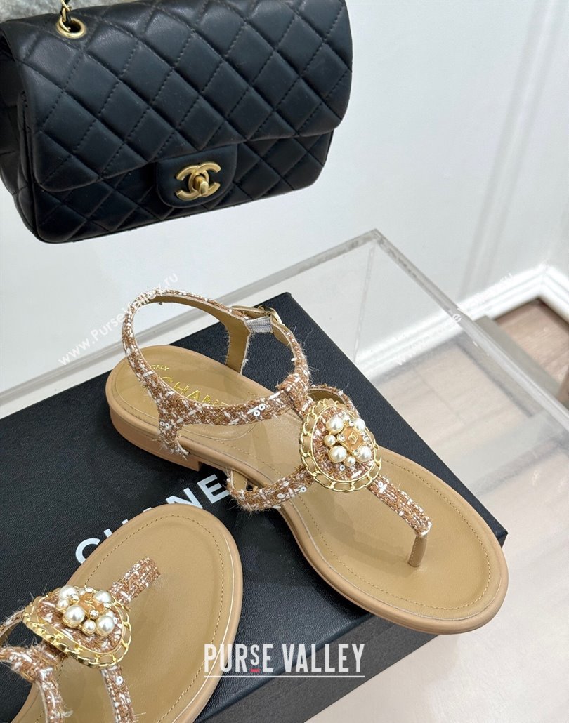 Chanel Tweed Flat Thong Sandals with Pearls Brown 2025 CH030307 (MD-250303073)