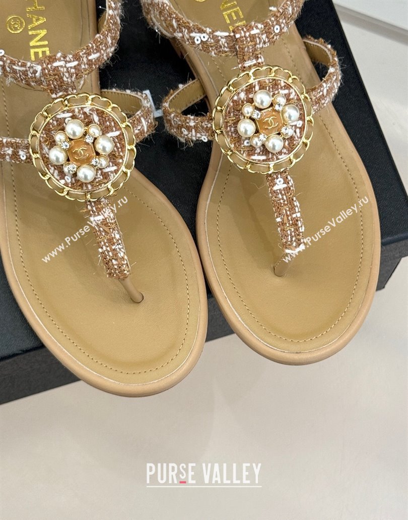 Chanel Tweed Flat Thong Sandals with Pearls Brown 2025 CH030307 (MD-250303073)