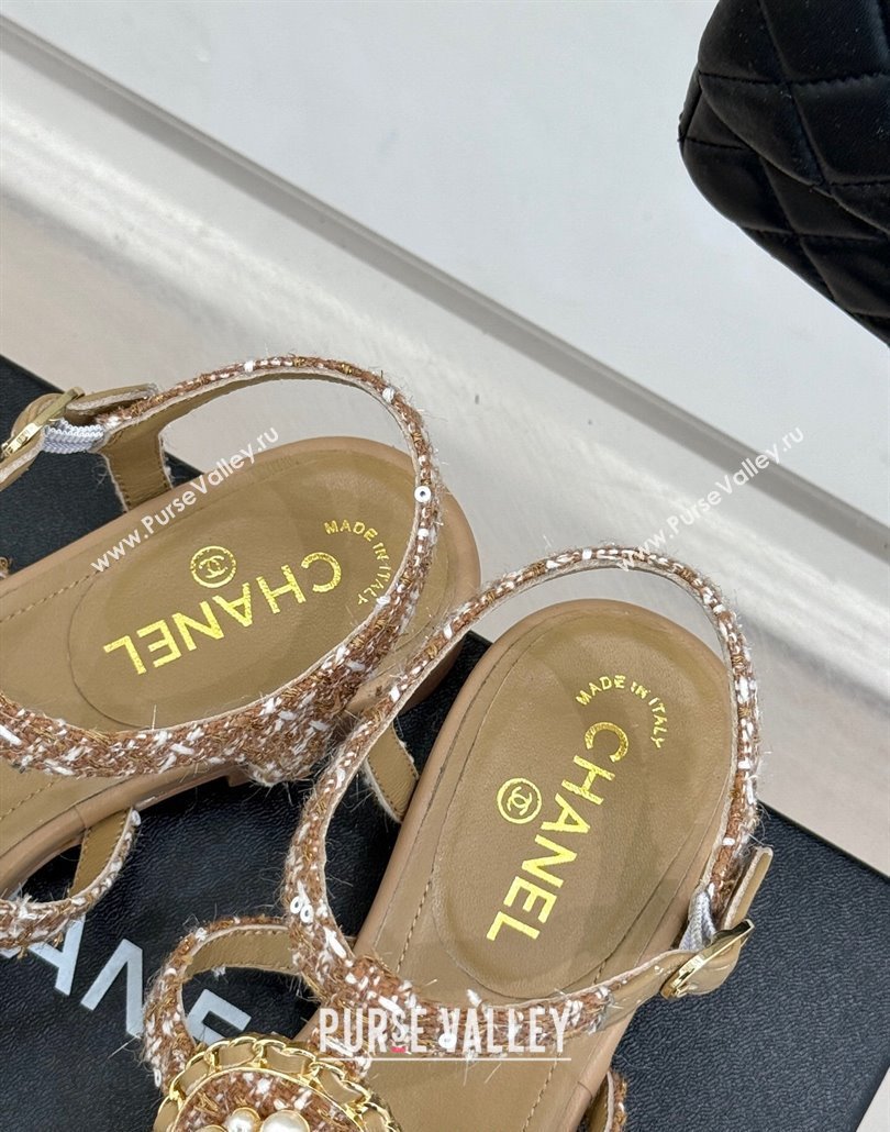 Chanel Tweed Flat Thong Sandals with Pearls Brown 2025 CH030307 (MD-250303073)