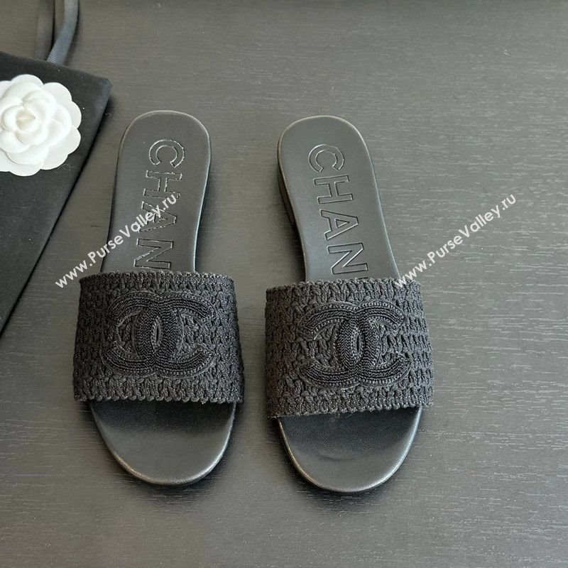 Chanel Crochet Flat Slides Sandal with CC Black 2025 CH030101 (MD-250301017)