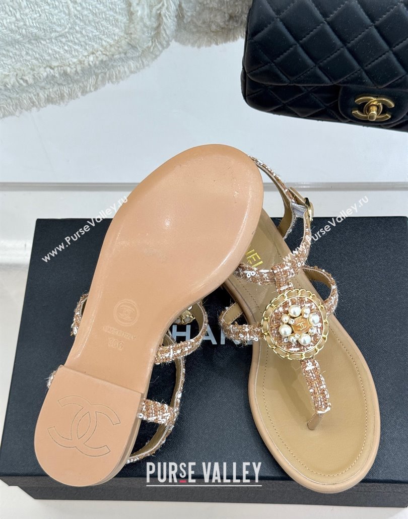 Chanel Tweed Flat Thong Sandals with Pearls Brown 2025 CH030307 (MD-250303073)