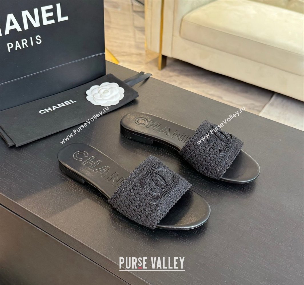 Chanel Crochet Flat Slides Sandal with CC Black 2025 CH030101 (MD-250301017)