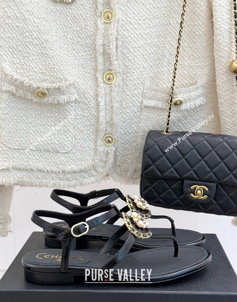 Chanel Calfskin Flat Thong Sandals with Pearls Black 2025 CH030307 (MD-250303075)