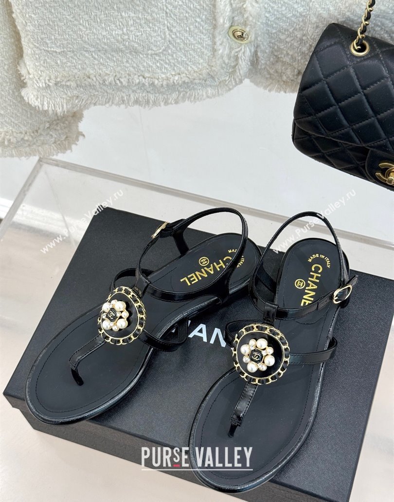 Chanel Calfskin Flat Thong Sandals with Pearls Black 2025 CH030307 (MD-250303075)