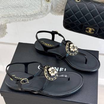 Chanel Calfskin Flat Thong Sandals with Pearls Black 2025 CH030307 (MD-250303075)