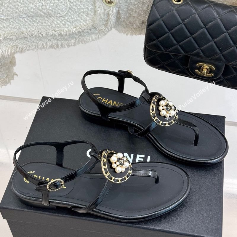 Chanel Calfskin Flat Thong Sandals with Pearls Black 2025 CH030307 (MD-250303075)