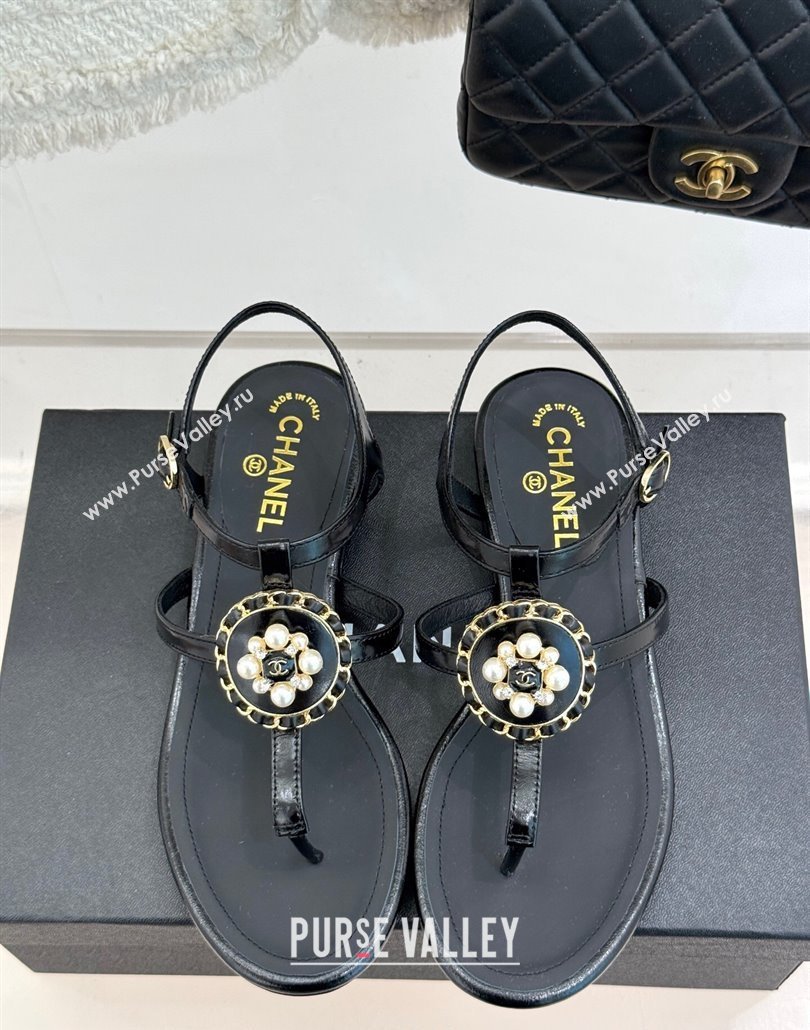 Chanel Calfskin Flat Thong Sandals with Pearls Black 2025 CH030307 (MD-250303075)