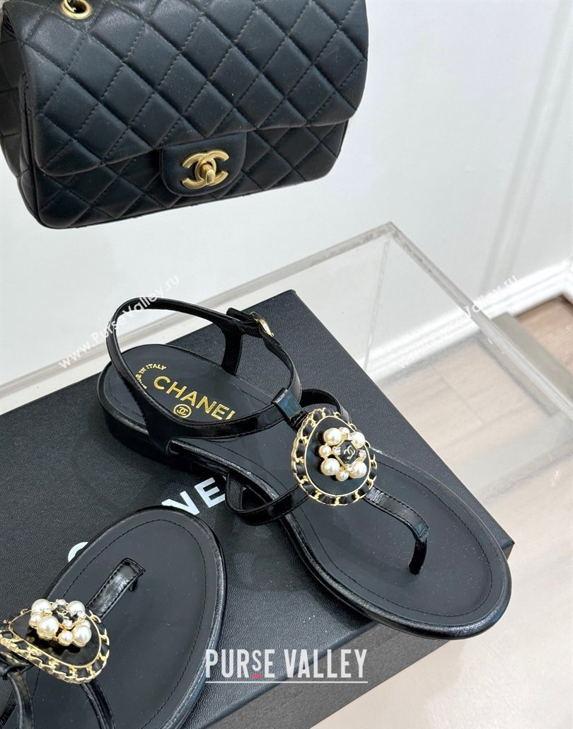 Chanel Calfskin Flat Thong Sandals with Pearls Black 2025 CH030307 (MD-250303075)