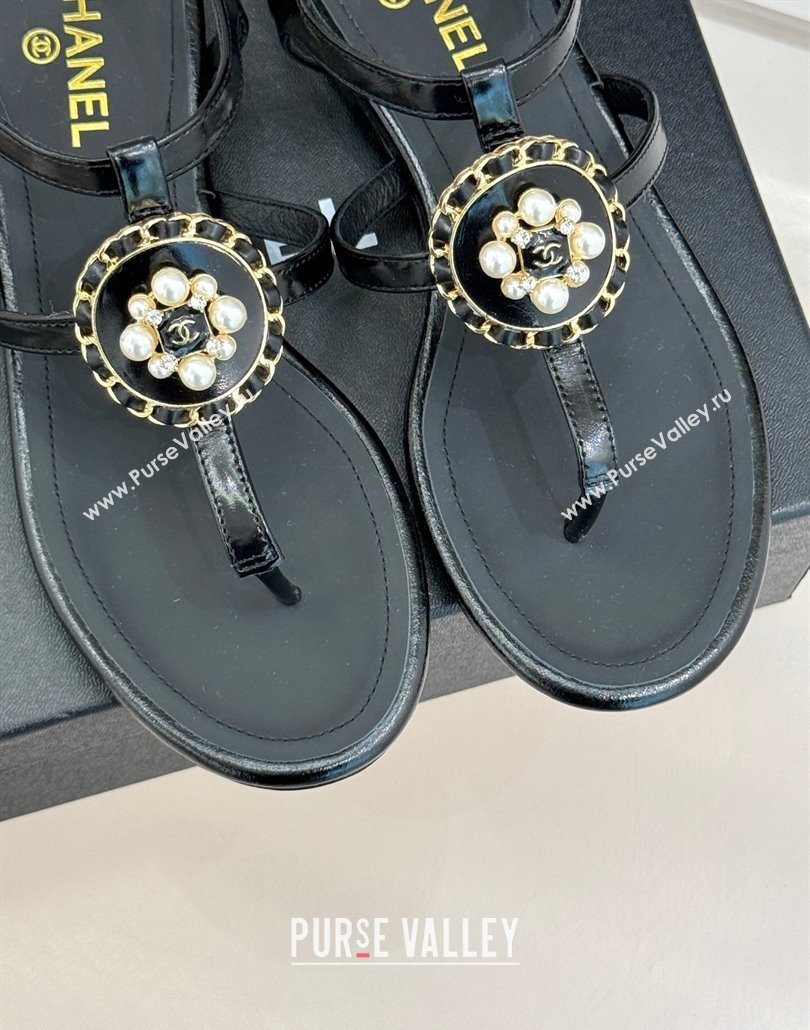 Chanel Calfskin Flat Thong Sandals with Pearls Black 2025 CH030307 (MD-250303075)