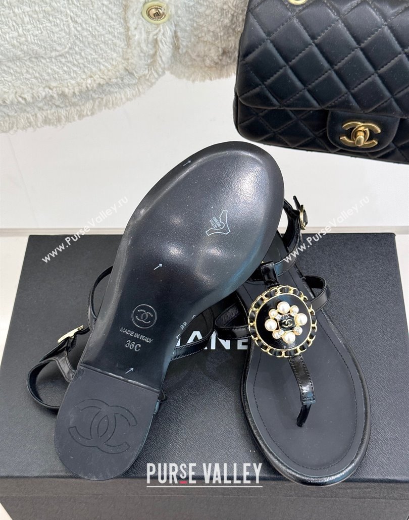 Chanel Calfskin Flat Thong Sandals with Pearls Black 2025 CH030307 (MD-250303075)