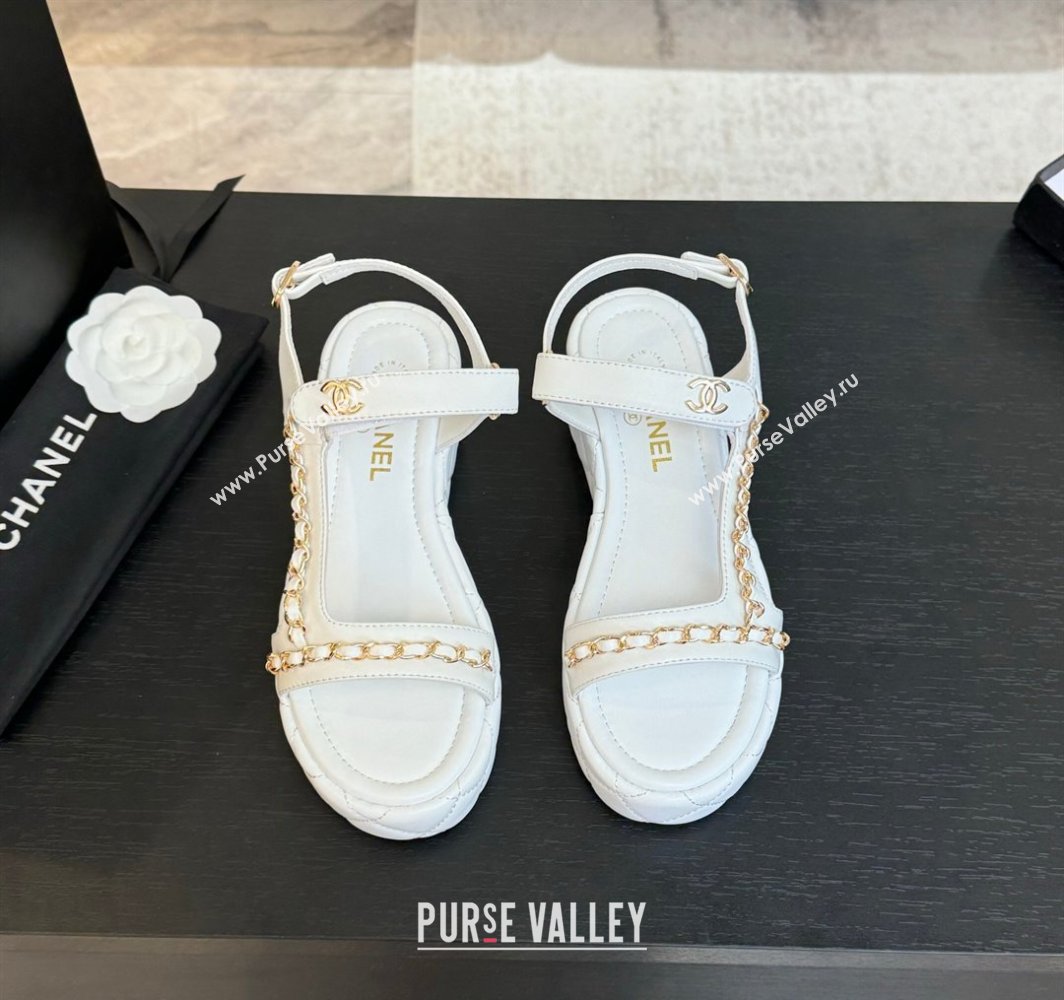 Chanel Lambskin Strap Wedge Sandals with Chain White 2025 CH030407 (MD-250304113)