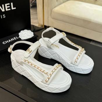 Chanel Lambskin Strap Wedge Sandals with Chain White 2025 CH030407 (MD-250304113)