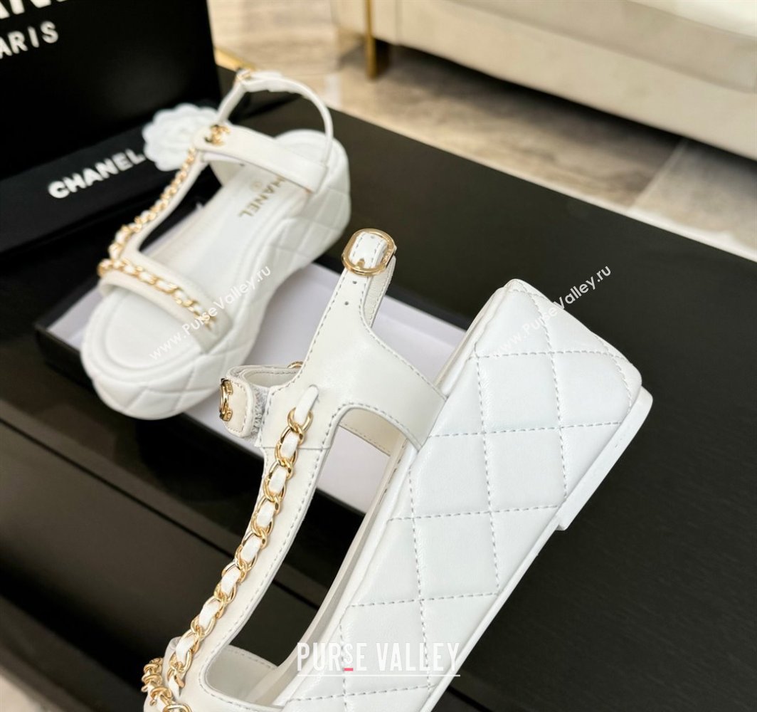 Chanel Lambskin Strap Wedge Sandals with Chain White 2025 CH030407 (MD-250304113)