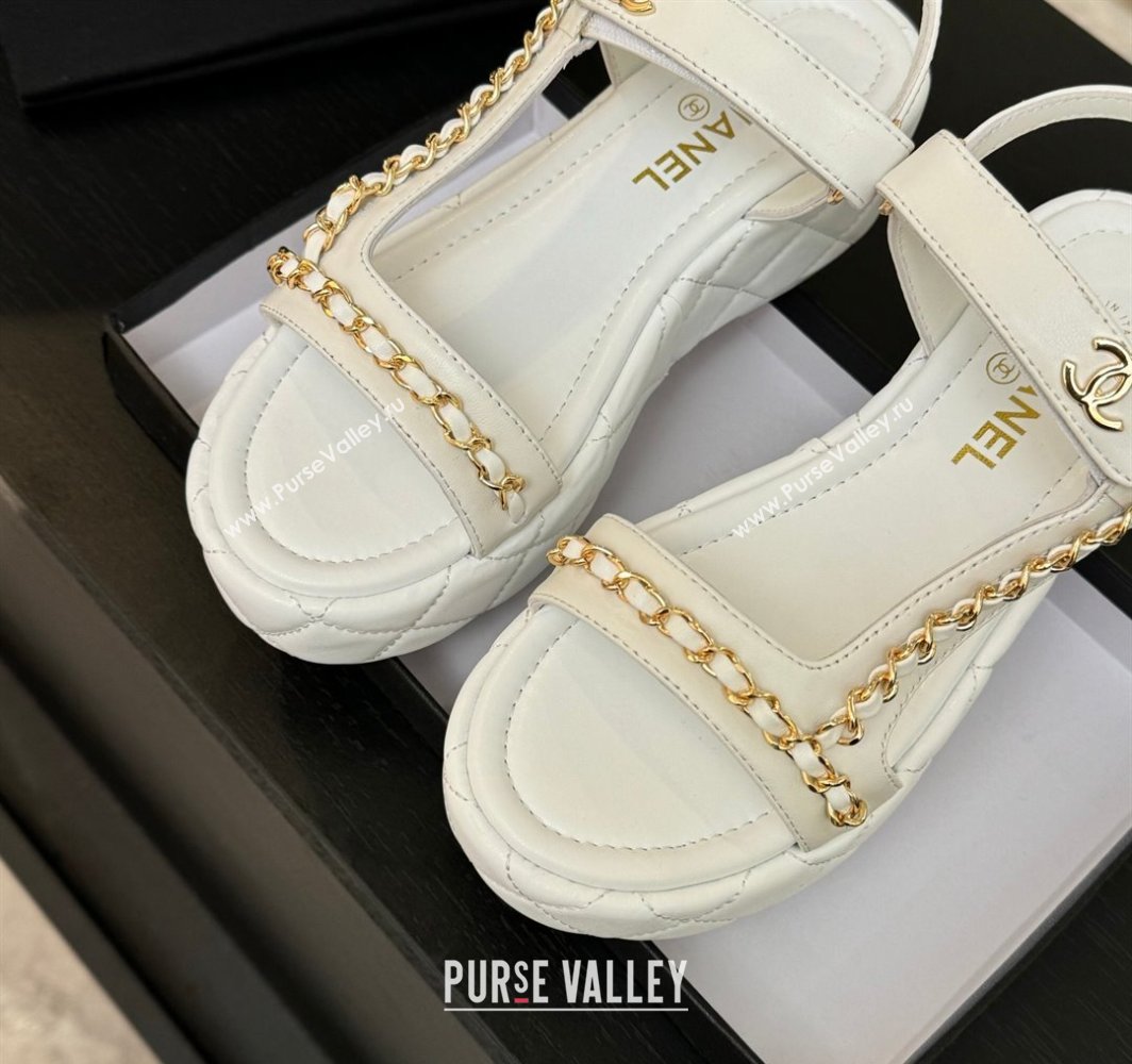 Chanel Lambskin Strap Wedge Sandals with Chain White 2025 CH030407 (MD-250304113)