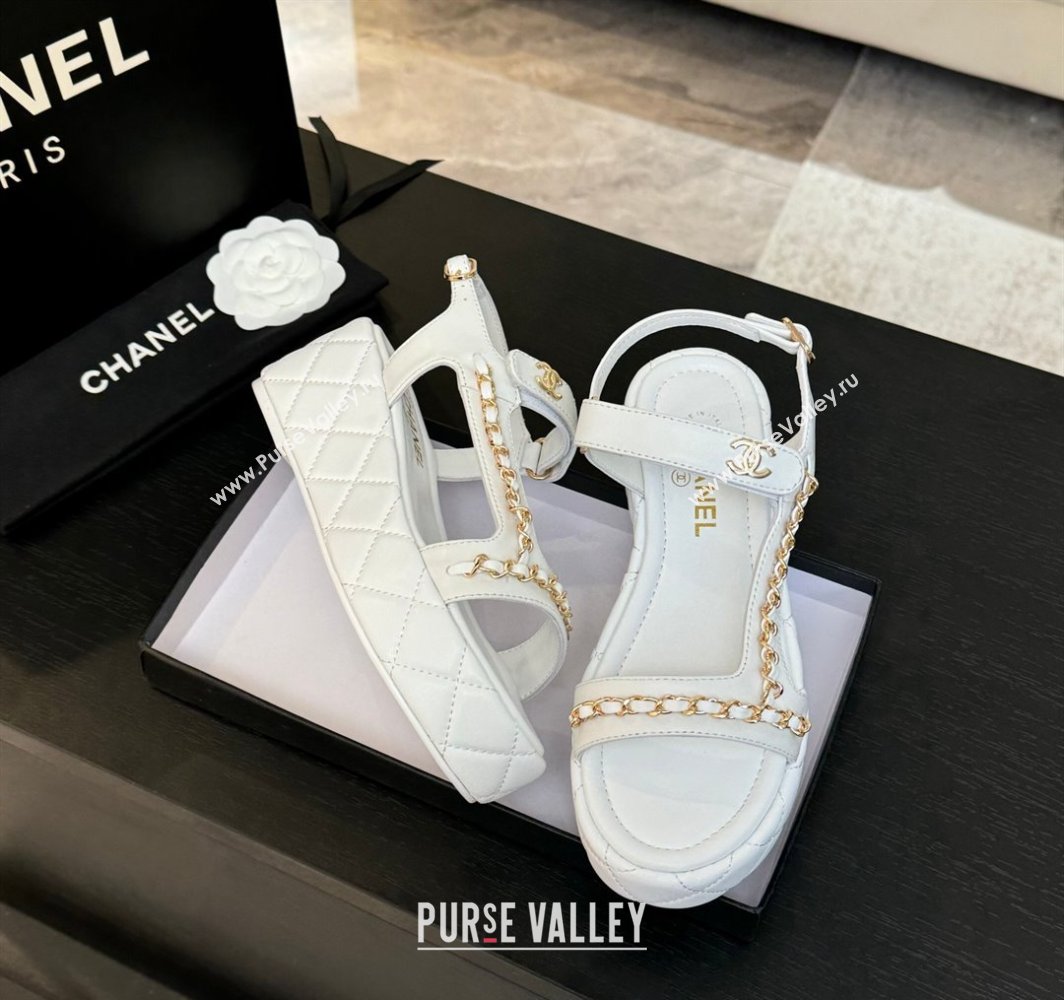 Chanel Lambskin Strap Wedge Sandals with Chain White 2025 CH030407 (MD-250304113)