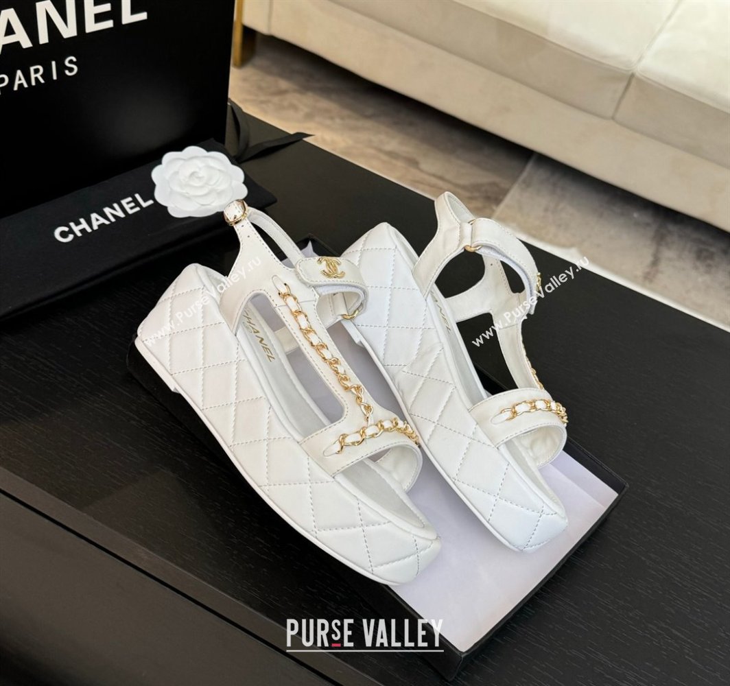 Chanel Lambskin Strap Wedge Sandals with Chain White 2025 CH030407 (MD-250304113)