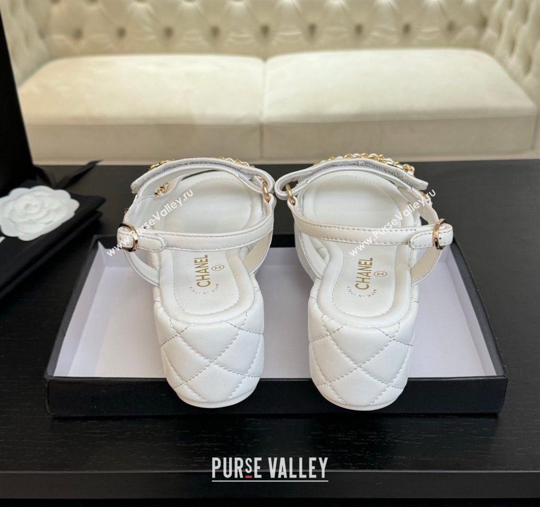 Chanel Lambskin Strap Wedge Sandals with Chain White 2025 CH030407 (MD-250304113)