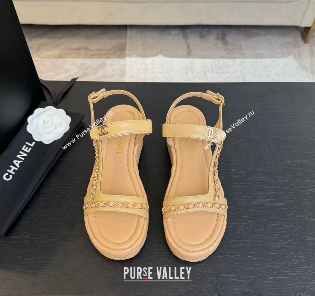 Chanel Lambskin Strap Wedge Sandals with Chain Beige Yellow 2025 CH030407 (MD-250304114)