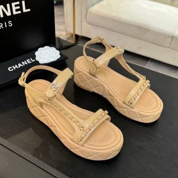 Chanel Lambskin Strap Wedge Sandals with Chain Beige Yellow 2025 CH030407 (MD-250304114)