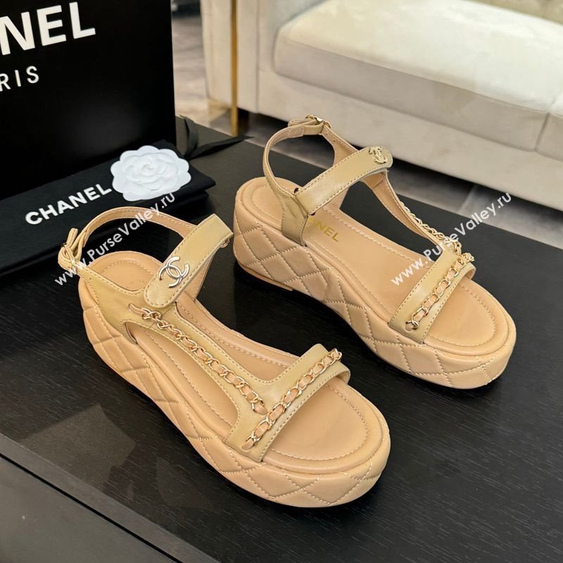 Chanel Lambskin Strap Wedge Sandals with Chain Beige Yellow 2025 CH030407 (MD-250304114)